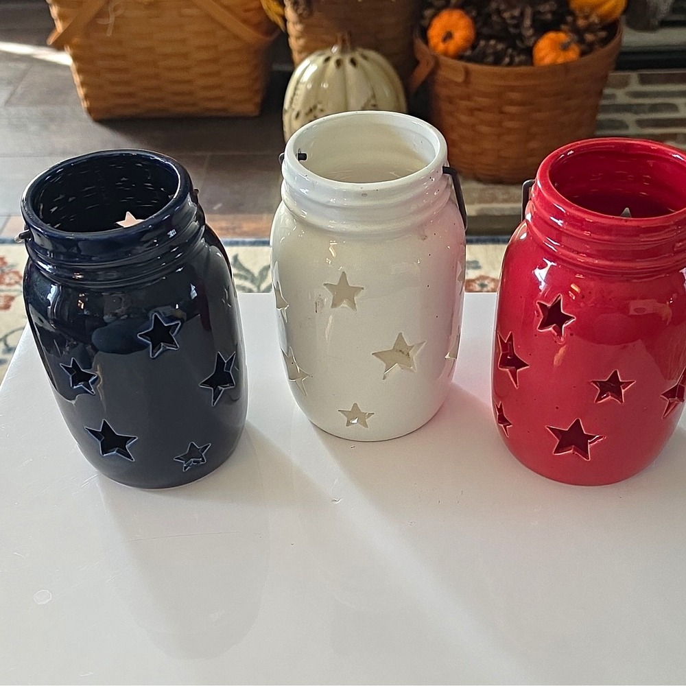 Set of 3 Hanging Mason Jar Tea Light Lanterns, Star Cutout, Black/White/Red